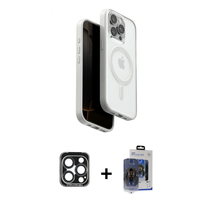 MARSİLYAN™- iPhone 15 Pro Max Kılıf Pusula Form Serisi - Siyah Vanessa Magic Cam + Lacivert PVD Metal Kamera Lens