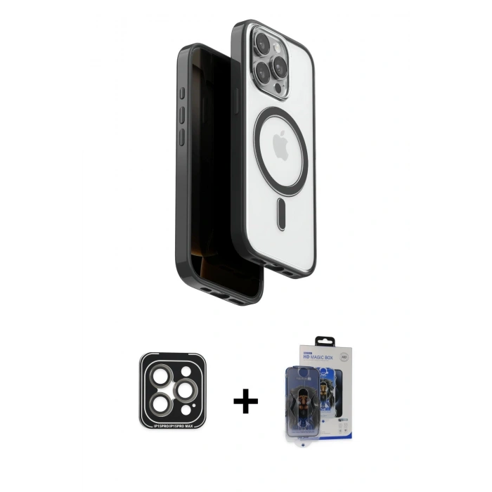 MARSİLYAN™- iPhone 15 Pro Max Kılıf Pusula Form Serisi - Siyah Vanessa Magic Cam + PVD Metal Kamera Lens - GI