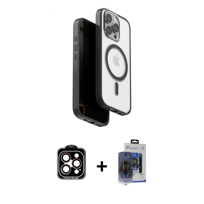 MARSİLYAN™- iPhone 15 Pro Max Kılıf Pusula Form Serisi - Siyah Vanessa Magic Cam + PVD Metal Kamera Lens - TU