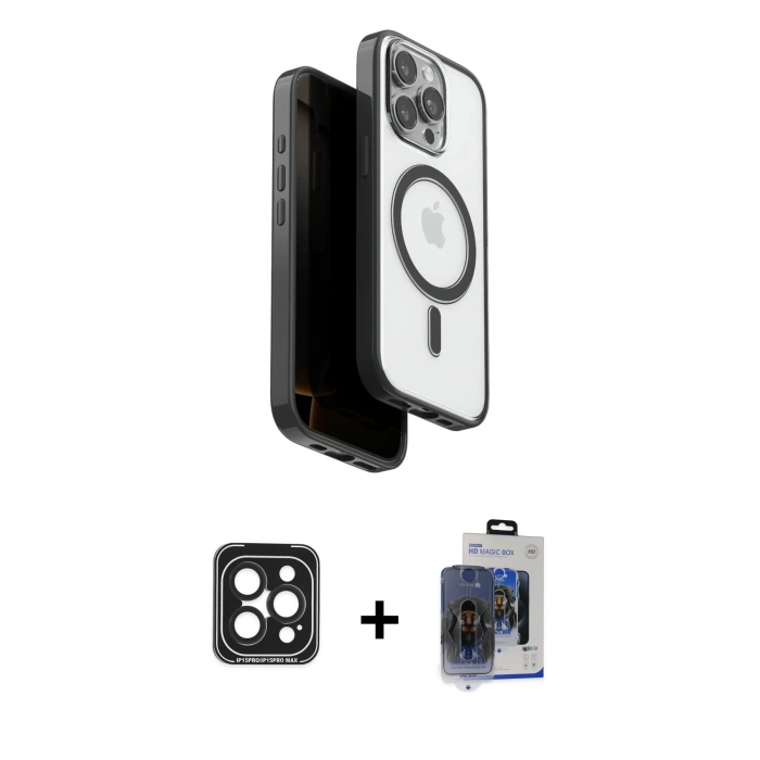 MARSİLYAN™- iPhone 15 Pro Max Kılıf Pusula Form Serisi - Siyah Vanessa Magic Cam + PVD Metal Kamera Lens - SH