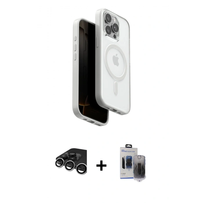 MARSİLYAN™- iPhone 15 Pro Max Kılıf Pusula Form Serisi - Siyah Vanessa Magic Hayalet Cam + Gümüş Raze Metal Kamera Lens