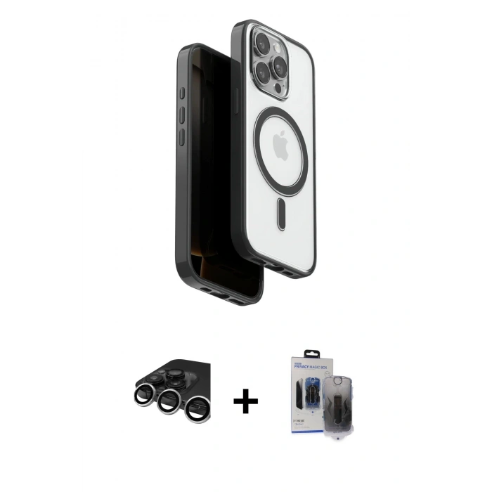 MARSİLYAN™- iPhone 15 Pro Max Kılıf Pusula Form Serisi - Siyah Vanessa Magic Hayalet Cam + Gümüş Raze Metal Kamera Lens
