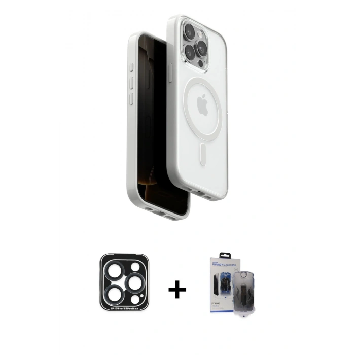 MARSİLYAN™- iPhone 15 Pro Max Kılıf Pusula Form Serisi - Siyah Vanessa Magic Hayalet Cam + PVD Metal Kamera Lens - LT