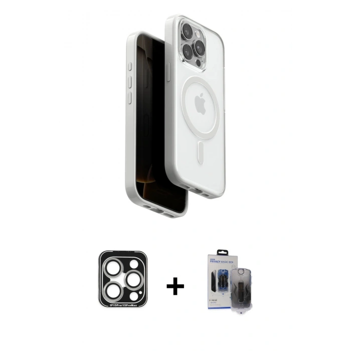 MARSİLYAN™- iPhone 15 Pro Max Kılıf Pusula Form Serisi - Siyah Vanessa Magic Hayalet Cam + PVD Metal Kamera Lens - GS