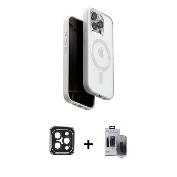 MARSİLYAN™- iPhone 15 Pro Max Kılıf Pusula Form Serisi - Siyah Vanessa Magic Hayalet Cam + PVD Metal Kamera Lens - SH