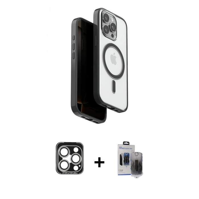 MARSİLYAN™- iPhone 15 Pro Max Kılıf Pusula Form Serisi - Siyah Vanessa Magic Hayalet Cam + PVD Metal Kamera Lens - GS