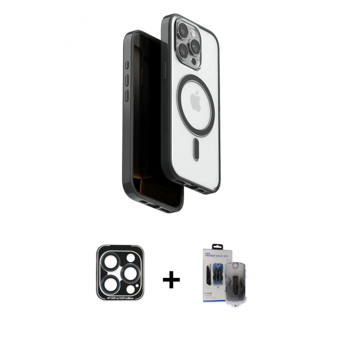 MARSİLYAN™- iPhone 15 Pro Max Kılıf Pusula Form Serisi - Siyah Vanessa Magic Hayalet Cam + PVD Metal Kamera Lens - LT
