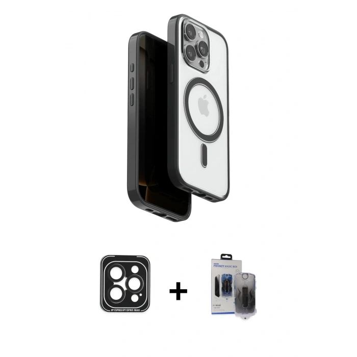 MARSİLYAN™- iPhone 15 Pro Max Kılıf Pusula Form Serisi - Siyah Vanessa Magic Hayalet Cam + PVD Metal Kamera Lens - SH
