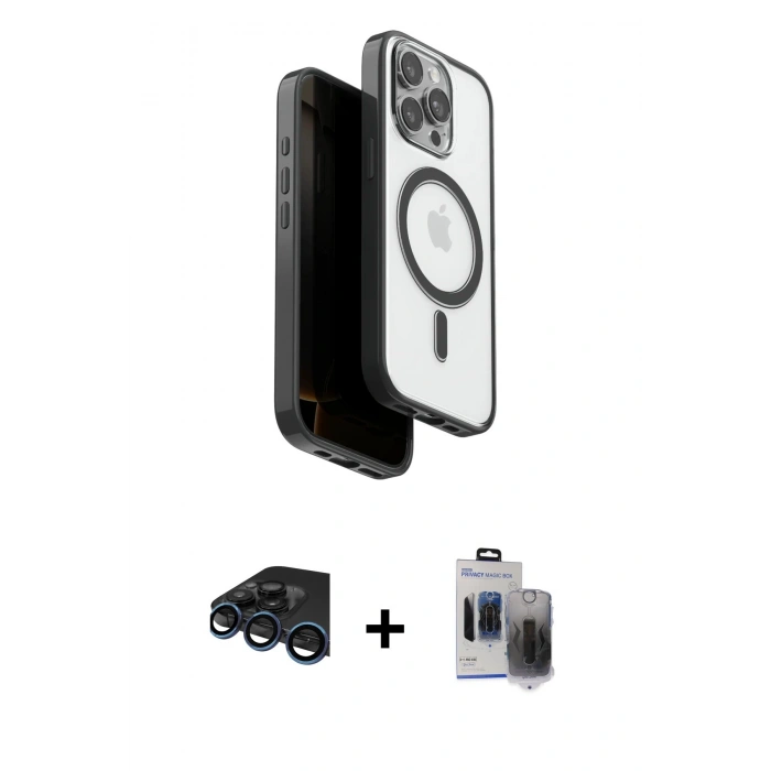 MARSİLYAN™- iPhone 15 Pro Max Kılıf Pusula Form Serisi - Siyah Vanessa Magic Hayalet Cam + Raze Metal Kamera Lens - LT