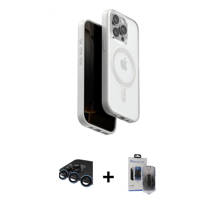 MARSİLYAN™- iPhone 15 Pro Max Kılıf Pusula Form Serisi - Siyah Vanessa Magic Hayalet Cam + Raze Metal Kamera Lens - LT