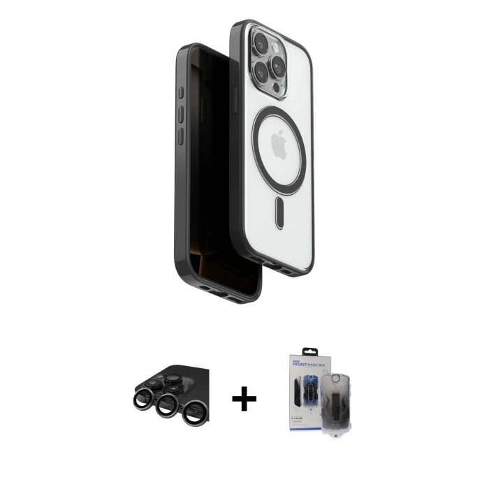 MARSİLYAN™- iPhone 15 Pro Max Kılıf Pusula Form Serisi - Siyah Vanessa Magic Hayalet Cam + Titanyum Gri Raze Metal Kamera Lens
