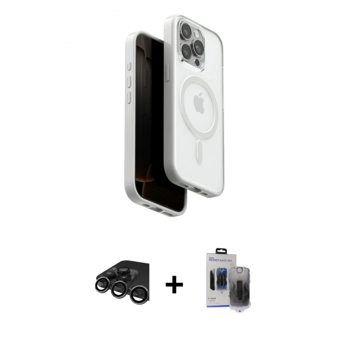 MARSİLYAN™- iPhone 15 Pro Max Kılıf Pusula Form Serisi - Siyah Vanessa Magic Hayalet Cam + Titanyum Gri Raze Metal Kamera Lens
