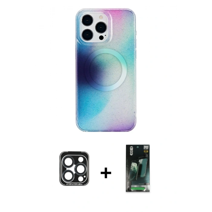 MARSİLYAN™- iPhone 15 Pro Max Kılıf Pusula Form - Siyah 360 Mat Full Body Arka Koruyucu + Lacivert PVD Metal Kamera Lens
