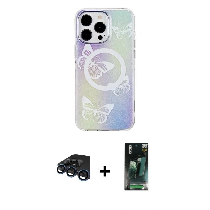 MARSİLYAN™- iPhone 15 Pro Max Kılıf Pusula Form - Siyah 360 Mat Full Body Arka Koruyucu + Raze Metal Kamera Lens - LT