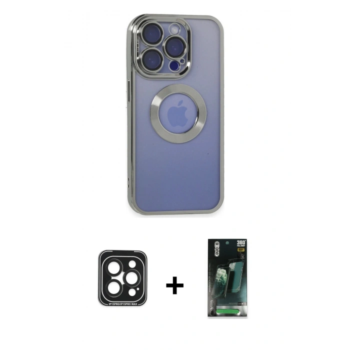 MARSİLYAN™- iPhone 15 Pro Max Kılıf Pusula Form - Siyah 360 Mat Full Body Arka Koruyucu + PVD Metal Kamera Lens - SH