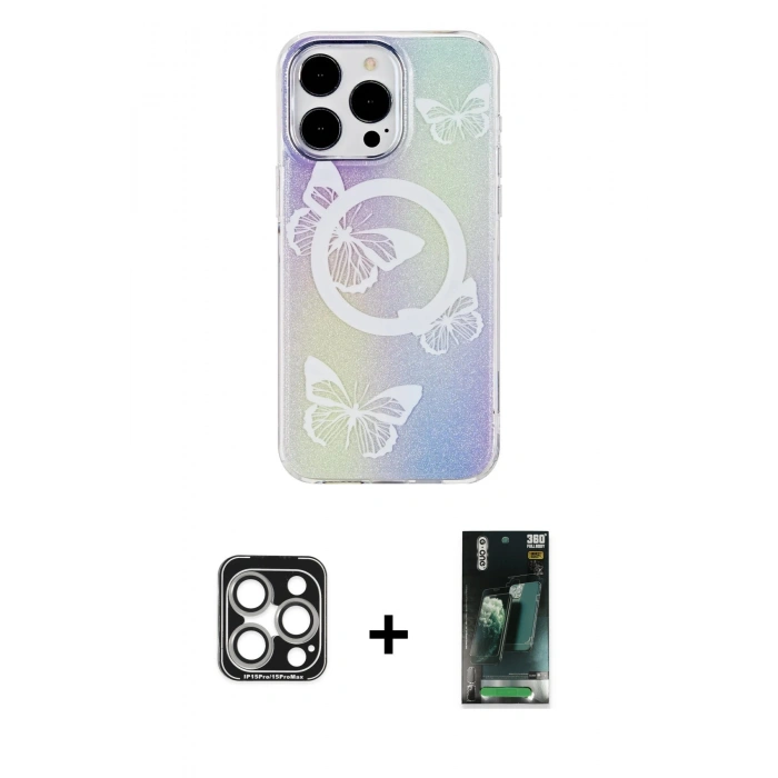 MARSİLYAN™- iPhone 15 Pro Max Kılıf Pusula Form - Siyah 360 Mat Full Body Arka Koruyucu + PVD Metal Kamera Lens - GS