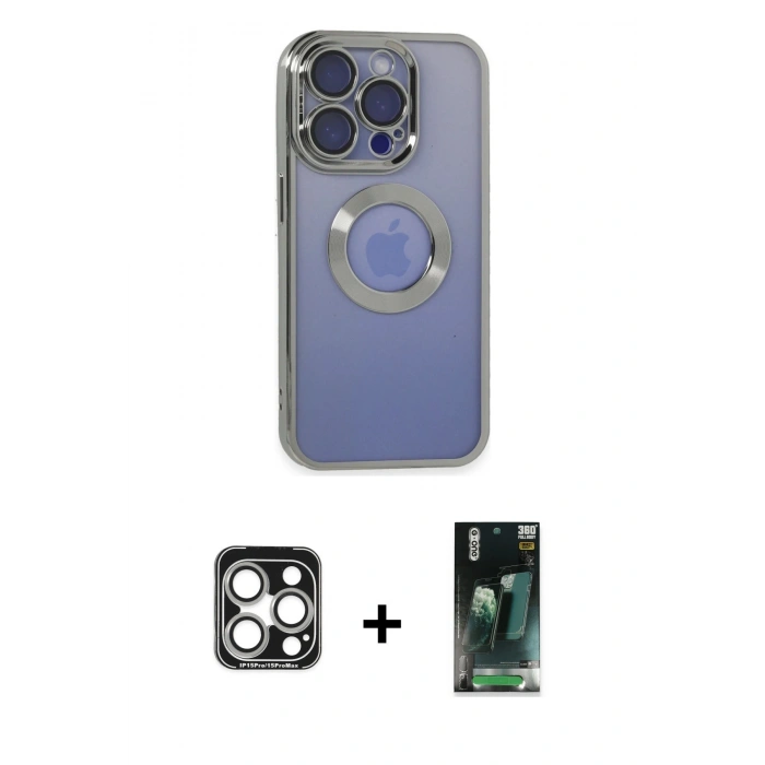 MARSİLYAN™- iPhone 15 Pro Max Kılıf Pusula Form - Siyah 360 Mat Full Body Arka Koruyucu + PVD Metal Kamera Lens - GS