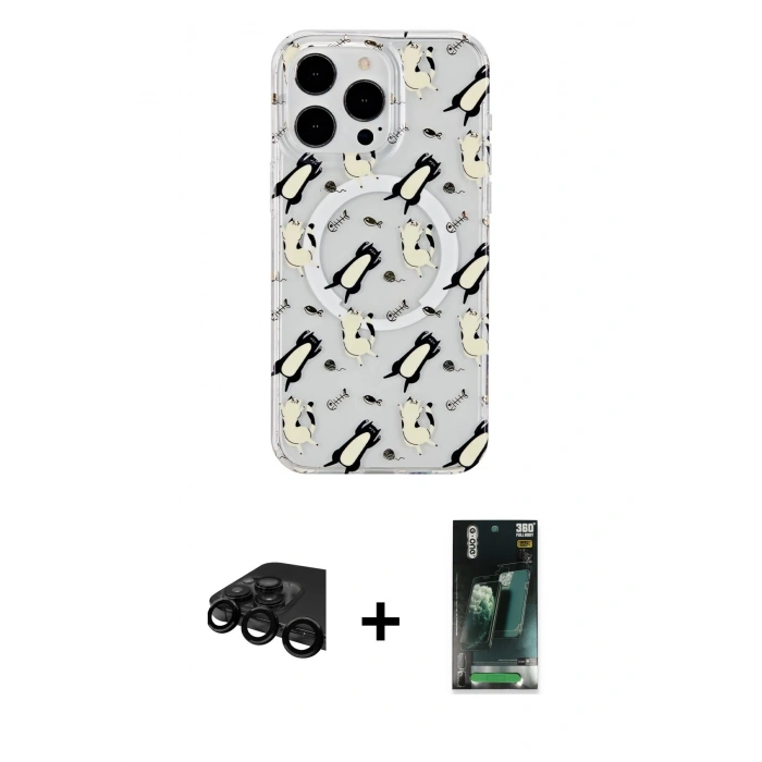 MARSİLYAN™- iPhone 15 Pro Max Kılıf Pusula Form - Siyah 360 Mat Full Body Arka Koruyucu + Raze Metal Kamera Lens - SH