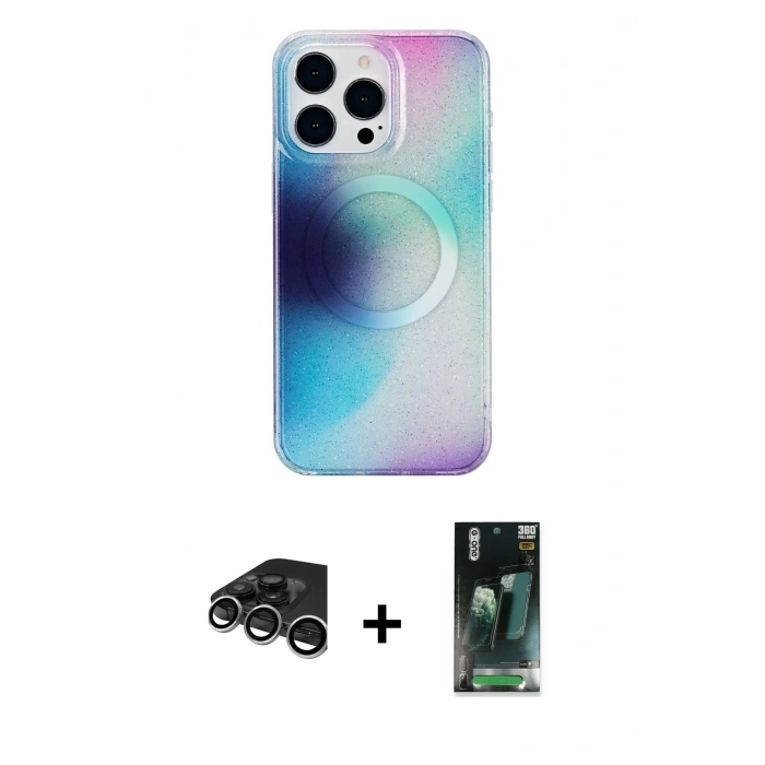 MARSİLYAN™- iPhone 15 Pro Max Kılıf Pusula Form - Siyah 360 Mat Full Body Arka Koruyucu + Raze Metal Kamera Lens - GS