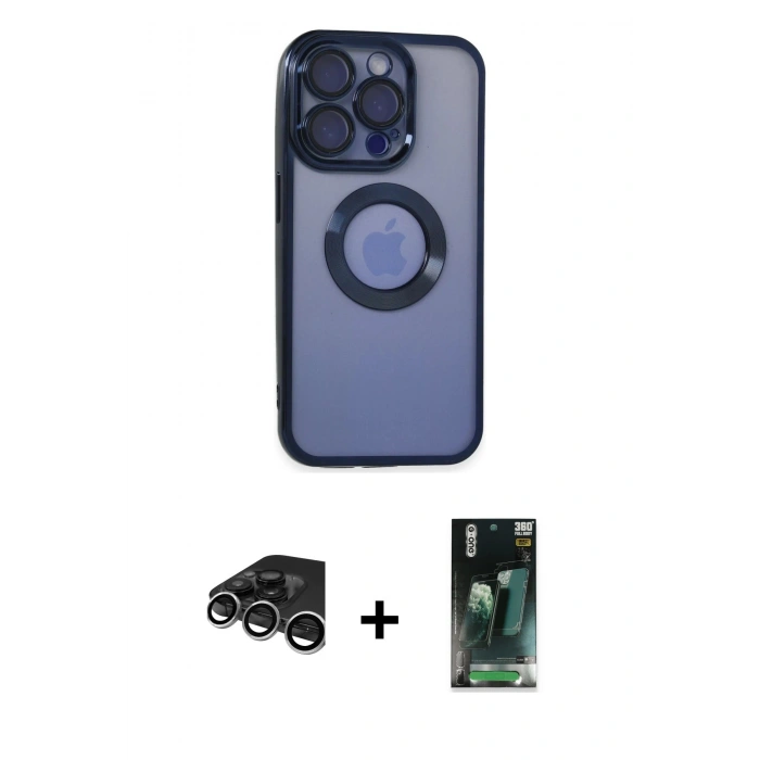 MARSİLYAN™- iPhone 15 Pro Max Kılıf Pusula Form - Siyah 360 Mat Full Body Arka Koruyucu + Raze Metal Kamera Lens - GS