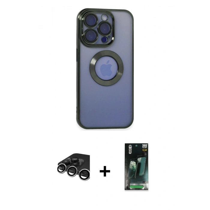 MARSİLYAN™- iPhone 15 Pro Max Kılıf Pusula Form - Siyah 360 Mat Full Body Arka Koruyucu + Raze Metal Kamera Lens - GS