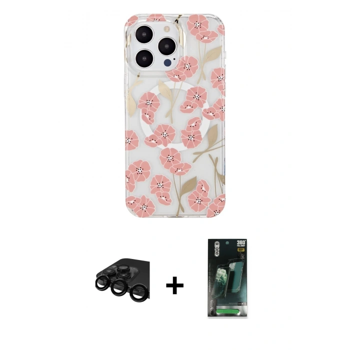 MARSİLYAN™- iPhone 15 Pro Max Kılıf Pusula Form - Siyah 360 Mat Full Body Arka Koruyucu + Raze Metal Kamera Lens - SH