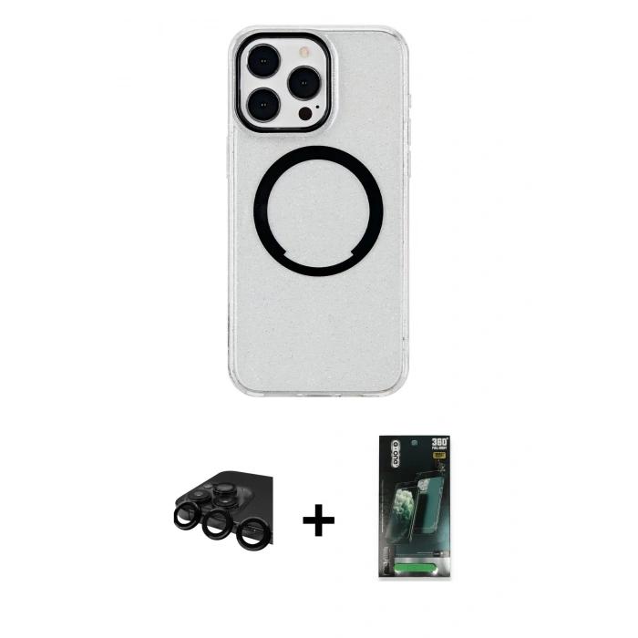 MARSİLYAN™- iPhone 15 Pro Max Kılıf Pusula Form - Siyah 360 Mat Full Body Arka Koruyucu + Raze Metal Kamera Lens - SH