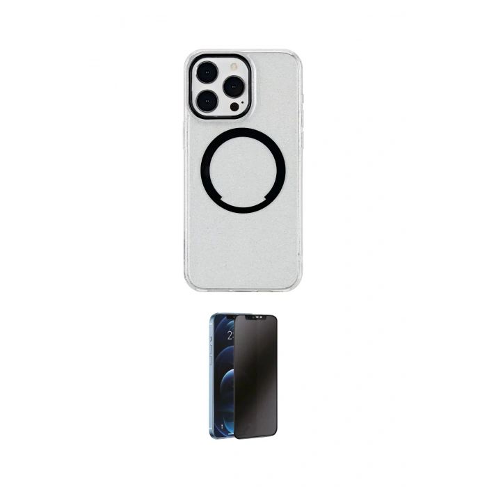 MARSİLYAN™- iPhone 15 Pro Max Kılıf Pusula Form - Siyah 3D Antistatik Hayalet Cam Ekran Koruyucu