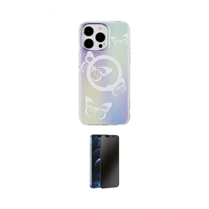 MARSİLYAN™- iPhone 15 Pro Max Kılıf Pusula Form - Siyah 3D Antistatik Hayalet Cam Ekran Koruyucu