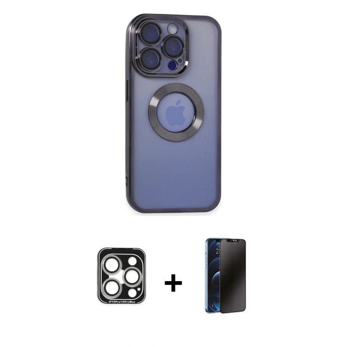 MARSİLYAN™- iPhone 15 Pro Max Kılıf Pusula Form - Siyah 3D Antistatik Hayalet Cam Ekran Koruyucu + PVD Metal Kamera Lens - GS