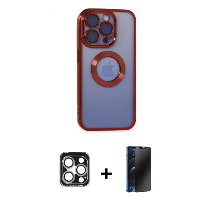 MARSİLYAN™- iPhone 15 Pro Max Kılıf Pusula Form - Siyah 3D Antistatik Hayalet Cam Ekran Koruyucu + PVD Metal Kamera Lens - GS
