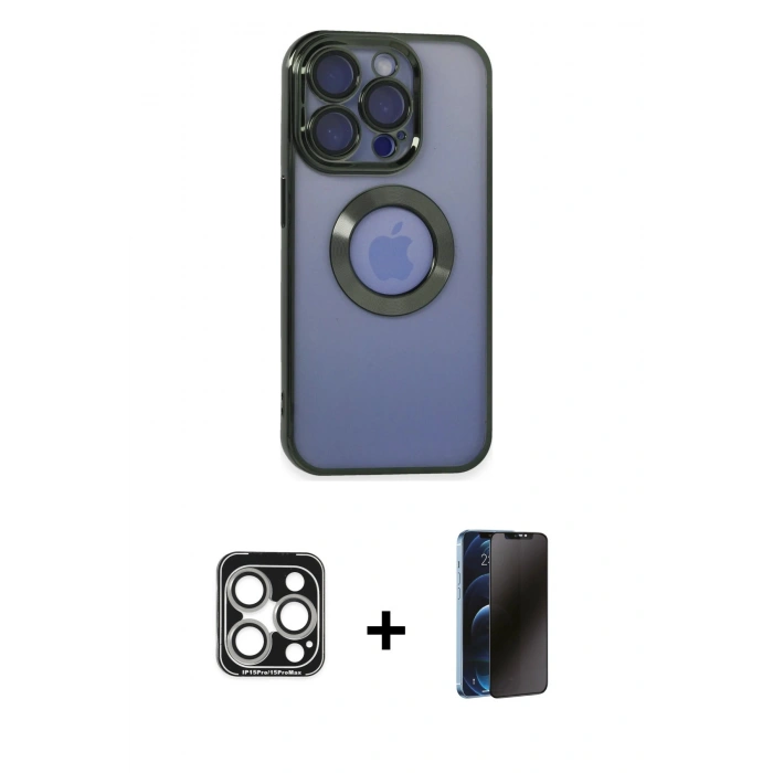 MARSİLYAN™- iPhone 15 Pro Max Kılıf Pusula Form - Siyah 3D Antistatik Hayalet Cam Ekran Koruyucu + PVD Metal Kamera Lens - GS