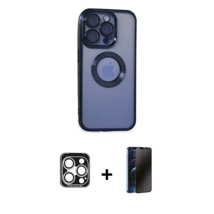 MARSİLYAN™- iPhone 15 Pro Max Kılıf Pusula Form - Siyah 3D Antistatik Hayalet Cam Ekran Koruyucu + PVD Metal Kamera Lens - GS
