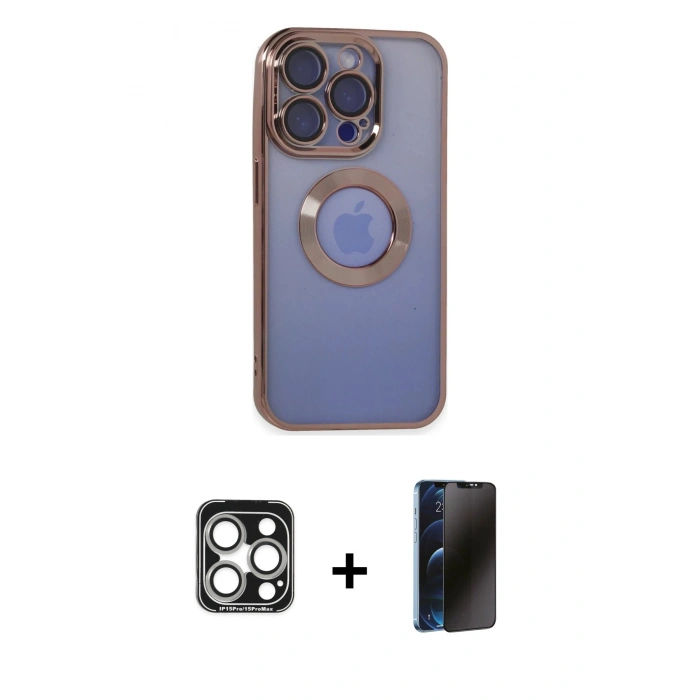 MARSİLYAN™- iPhone 15 Pro Max Kılıf Pusula Form - Siyah 3D Antistatik Hayalet Cam Ekran Koruyucu + PVD Metal Kamera Lens - GS