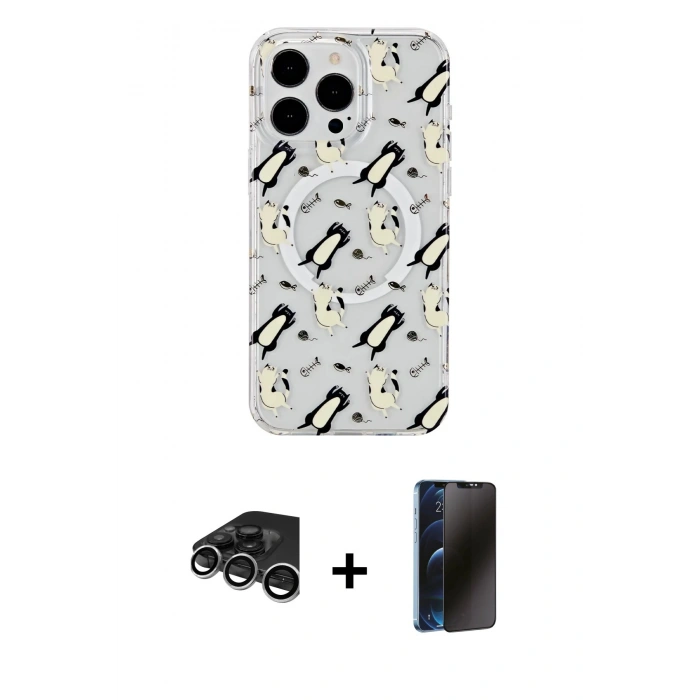 MARSİLYAN™- iPhone 15 Pro Max Kılıf Pusula Form - Siyah 3D Antistatik Hayalet Cam Ekran Koruyucu + Raze Metal Kamera Lens - GS