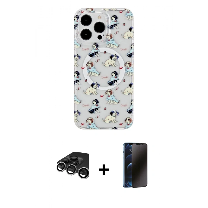 MARSİLYAN™- iPhone 15 Pro Max Kılıf Pusula Form - Siyah 3D Antistatik Hayalet Cam Ekran Koruyucu + Raze Metal Kamera Lens - GS