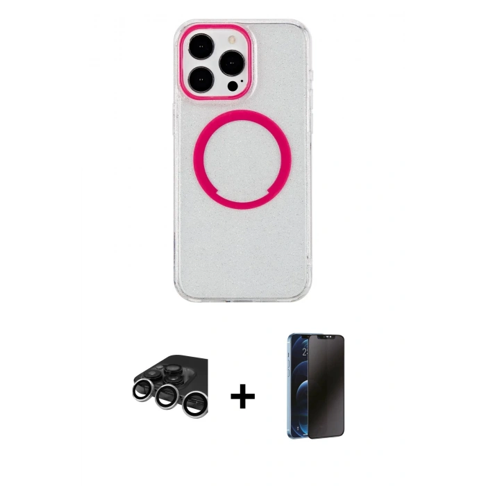 MARSİLYAN™- iPhone 15 Pro Max Kılıf Pusula Form - Siyah 3D Antistatik Hayalet Cam Ekran Koruyucu + Raze Metal Kamera Lens - GS