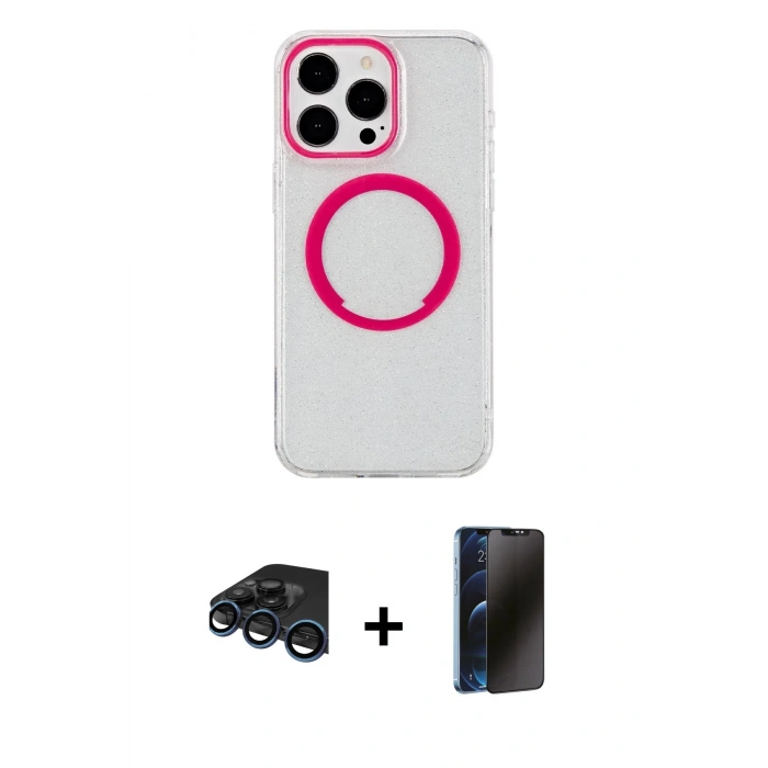 MARSİLYAN™- iPhone 15 Pro Max Kılıf Pusula Form - Siyah 3D Antistatik Hayalet Cam Ekran Koruyucu + Raze Metal Kamera Lens - LT