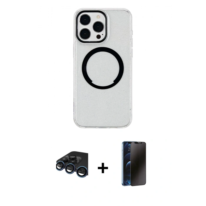 MARSİLYAN™- iPhone 15 Pro Max Kılıf Pusula Form - Siyah 3D Antistatik Hayalet Cam Ekran Koruyucu + Raze Metal Kamera Lens - LT