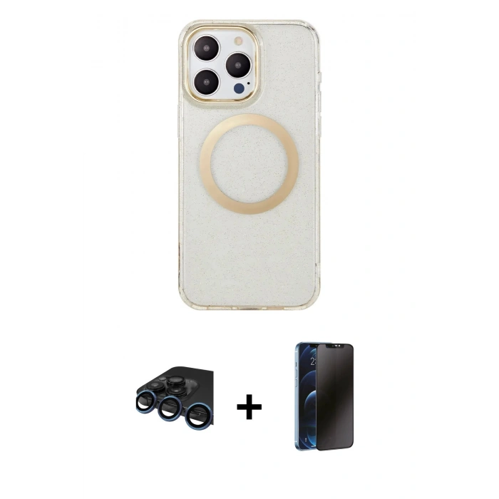 MARSİLYAN™- iPhone 15 Pro Max Kılıf Pusula Form - Siyah 3D Antistatik Hayalet Cam Ekran Koruyucu + Raze Metal Kamera Lens - LT