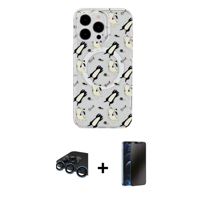 MARSİLYAN™- iPhone 15 Pro Max Kılıf Pusula Form - Siyah 3D Antistatik Hayalet Cam Ekran Koruyucu + Raze Metal Kamera Lens - LT