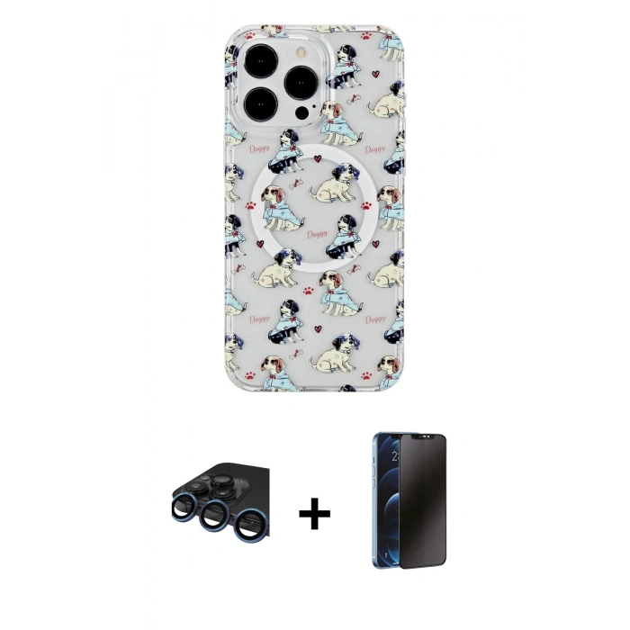MARSİLYAN™- iPhone 15 Pro Max Kılıf Pusula Form - Siyah 3D Antistatik Hayalet Cam Ekran Koruyucu + Raze Metal Kamera Lens - LT