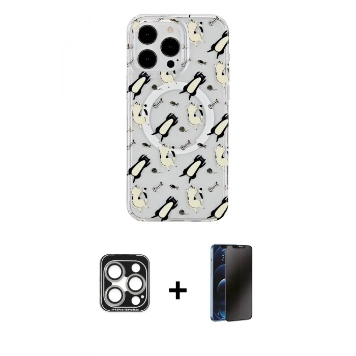 MARSİLYAN™- iPhone 15 Pro Max Kılıf Pusula Form - Siyah 3D Antistatik Hayalet Cam Ekran Koruyucu + PVD Metal Kamera Lens - GS
