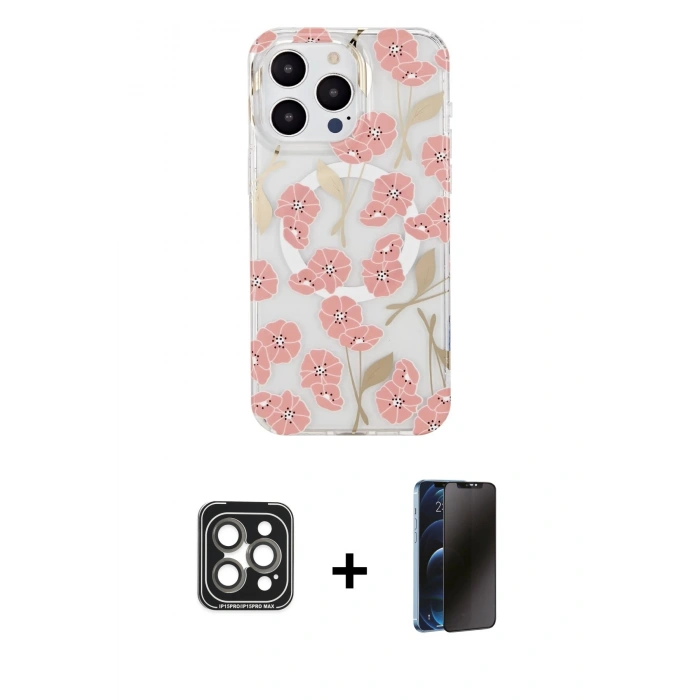 MARSİLYAN™- iPhone 15 Pro Max Kılıf Pusula Form - Siyah 3D Antistatik Hayalet Cam Ekran Koruyucu + PVD Metal Kamera Lens - GI