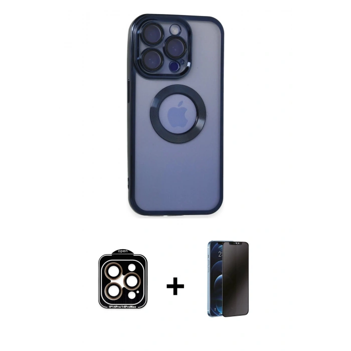 MARSİLYAN™- iPhone 15 Pro Max Kılıf Pusula Form - Siyah 3D Antistatik Hayalet Cam Ekran Koruyucu + PVD Metal Kamera Lens - TU