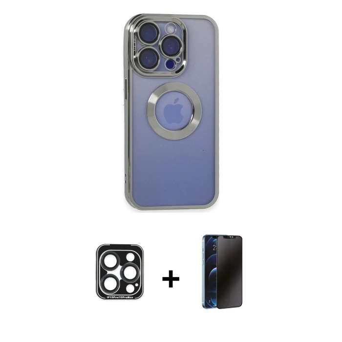 MARSİLYAN™- iPhone 15 Pro Max Kılıf Pusula Form - Siyah 3D Antistatik Hayalet Cam Ekran Koruyucu + PVD Metal Kamera Lens - LT