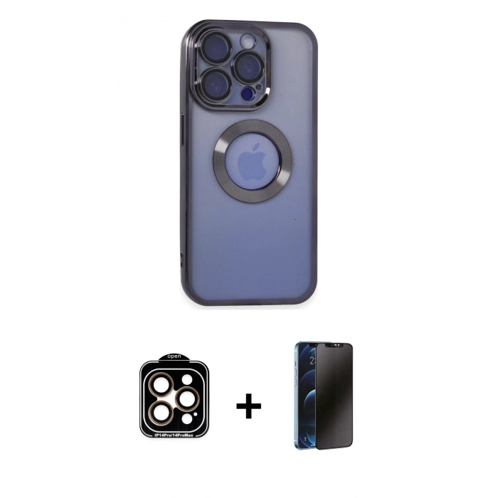MARSİLYAN™- iPhone 15 Pro Max Kılıf Pusula Form - Siyah 3D Antistatik Hayalet Cam Ekran Koruyucu + PVD Metal Kamera Lens - TU