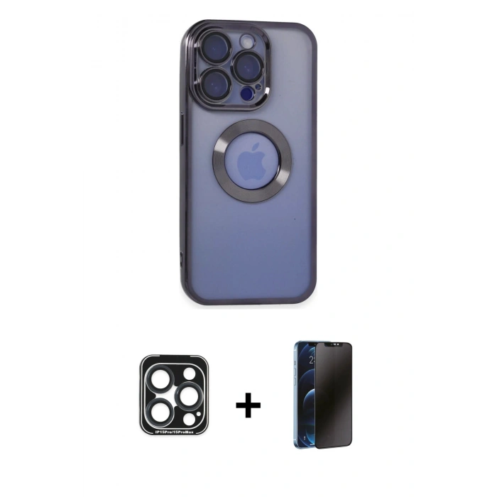 MARSİLYAN™- iPhone 15 Pro Max Kılıf Pusula Form - Siyah 3D Antistatik Hayalet Cam Ekran Koruyucu + PVD Metal Kamera Lens - LT