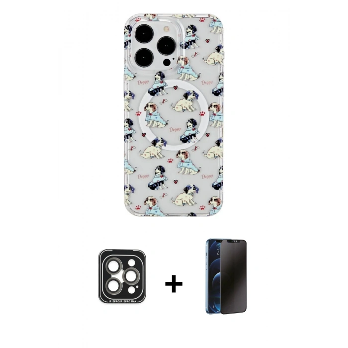 MARSİLYAN™- iPhone 15 Pro Max Kılıf Pusula Form - Siyah 3D Antistatik Hayalet Cam Ekran Koruyucu + PVD Metal Kamera Lens - GI