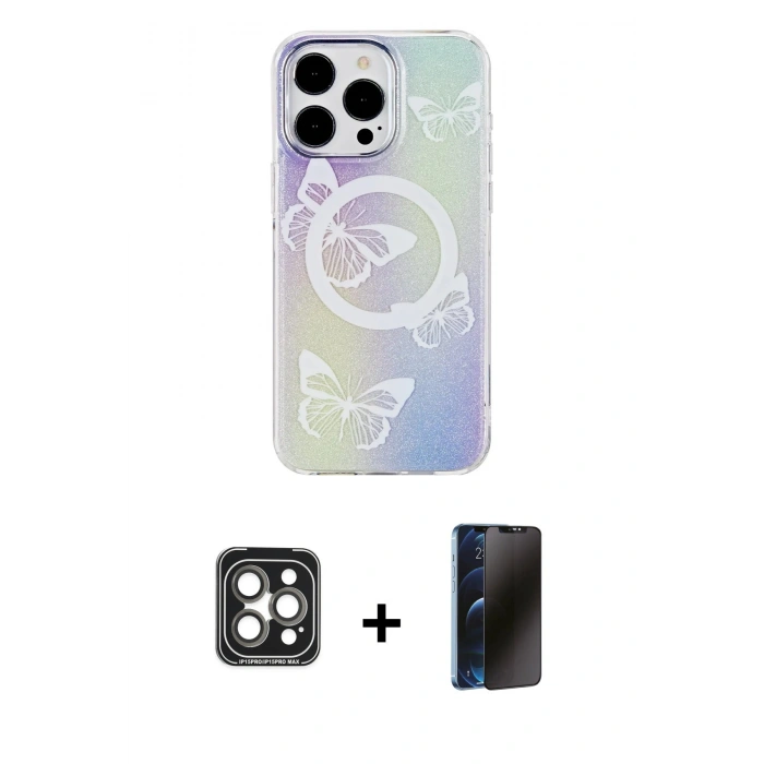 MARSİLYAN™- iPhone 15 Pro Max Kılıf Pusula Form - Siyah 3D Antistatik Hayalet Cam Ekran Koruyucu + PVD Metal Kamera Lens - GI